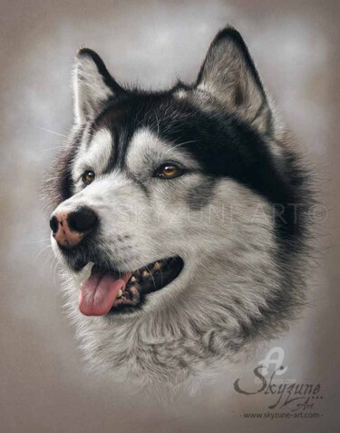 Рисунок под названием "Dog husky portrait…" - Skyzune Art, Подлинное произведение искусства, Пастель
