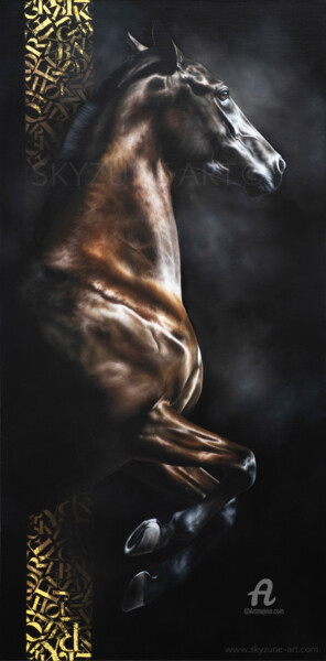 Картина под названием "FOEHN wild stallion…" - Skyzune Art, Подлинное произведение искусства, Масло Установлен на Деревянная…