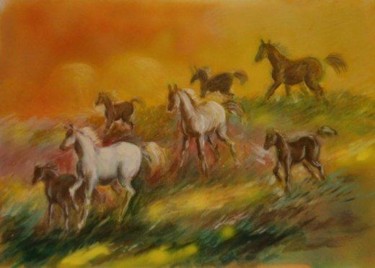 Pittura intitolato "Cavalli in corsa" da Liana Barbato, Opera d'arte originale