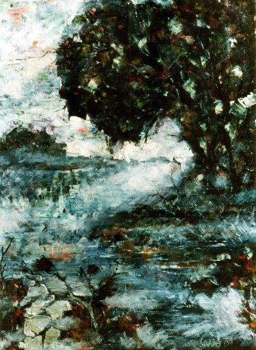 Painting titled ""Fog over the river"" by Vyacheslav Kostyuchenko, Original Artwork, Oil