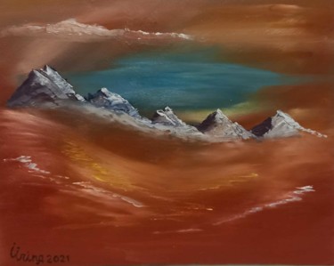 Painting titled "red smoke mountains" by Irina Ibragimova, Original Artwork, Oil Mounted on Wood Stretcher frame