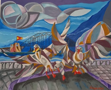Painting titled "Urban seagulls" by Irina Ibragimova, Original Artwork, Oil Mounted on Wood Stretcher frame