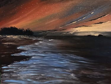 Картина под названием "Playa de noche" - Irina Ibragimova, Подлинное произведение искусства, Масло Установлен на Деревянная…