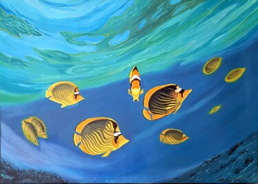 Malerei mit dem Titel "Coral yellow fish" von Irina Ibragimova, Original-Kunstwerk, Öl Auf Keilrahmen aus Holz montiert