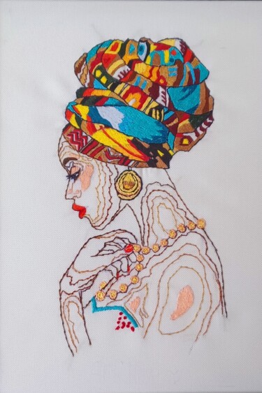 Textilkunst mit dem Titel "Ornamento étnico, b…" von Irina Ibragimova, Original-Kunstwerk, Stickerei Auf Holzplatte montiert