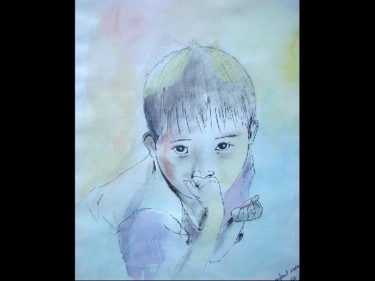 Drawing titled "ENFANT TIBETAIN" by Sandrine Lopez De Arias - Sla, Original Artwork