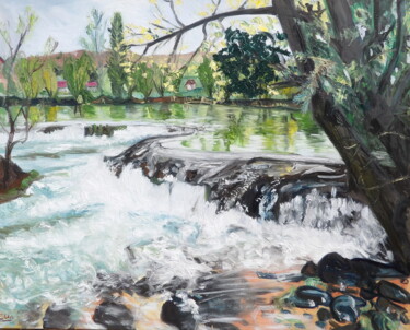 Pintura intitulada "barrage sur la Loue" por Sylvestre Leonard, Obras de arte originais, Óleo