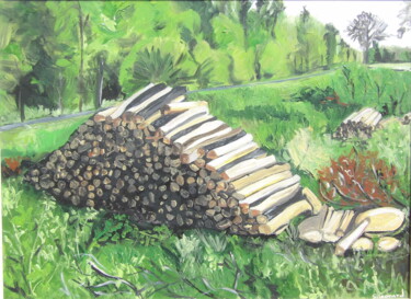 Pintura titulada "Tas de bois en forêt" por Sylvestre Leonard, Obra de arte original, Acrílico Montado en Bastidor de camill…