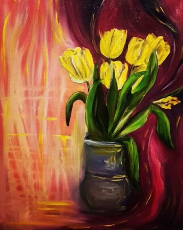 Pintura intitulada "yellow tulips" por Jekaterina Belova, Obras de arte originais, Óleo