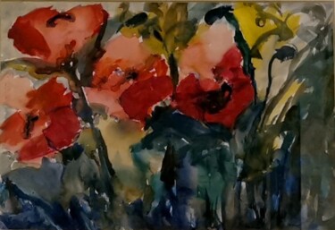 Painting titled "Poppies 1" by Ljiljana Smoljan, Original Artwork, Watercolor Mounted on Cardboard