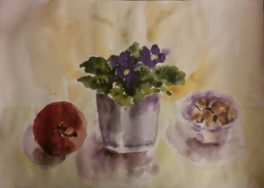 Painting titled "violets and nuts" by Ljiljana Smoljan, Original Artwork, Watercolor