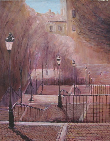 Peinture intitulée ""Montmatre, stairs"" par Slobodan Paunovic, Œuvre d'art originale, Huile