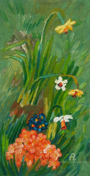 Pittura intitolato "Primulae et narcis" da Slobodan Spasojevic (Spaki), Opera d'arte originale, Olio