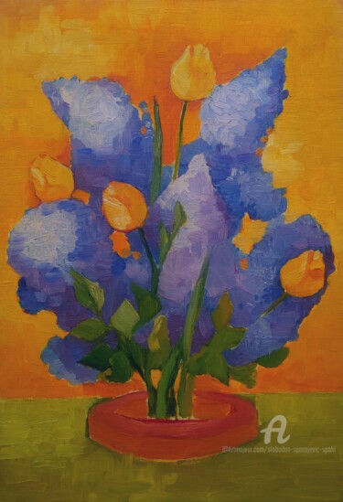 Painting titled "Tulipes et lilas" by Slobodan Spasojevic (Spaki), Original Artwork, Oil