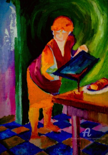 Malerei mit dem Titel "Dans la cuisine" von Slobodan Spasojevic (Spaki), Original-Kunstwerk, Öl