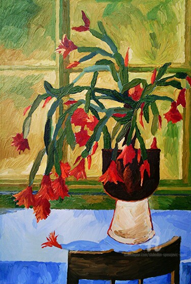 Painting titled "Cactus en fleur" by Slobodan Spasojevic (Spaki), Original Artwork, Oil