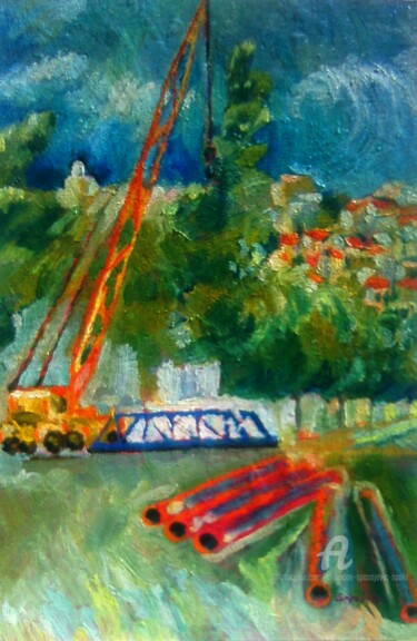 Painting titled "Le port" by Slobodan Spasojevic (Spaki), Original Artwork, Oil Mounted on Cardboard