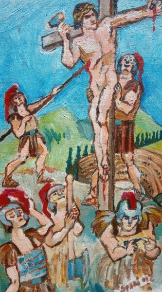 Painting titled "Les pretoriens" by Slobodan Spasojevic (Spaki), Original Artwork, Oil Mounted on Cardboard