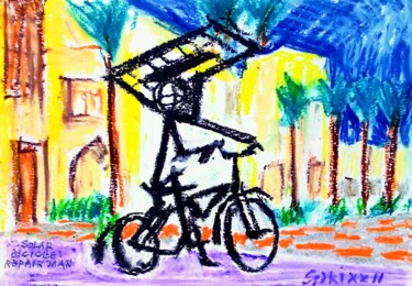 Malerei mit dem Titel "Solar bicycles repa…" von Slobodan Spasojevic (Spaki), Original-Kunstwerk, Pastell