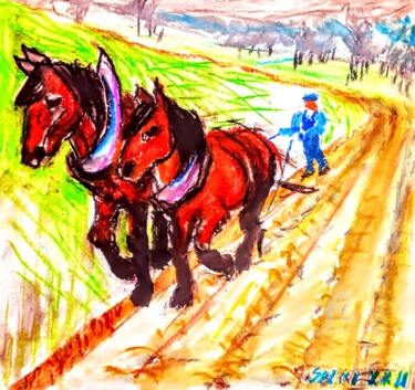 Картина под названием "2 Cv. /deux chevaux/" - Slobodan Spasojevic (Spaki), Подлинное произведение искусства, Пастель