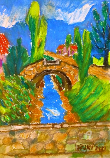 Painting titled "Le petit pont" by Slobodan Spasojevic (Spaki), Original Artwork, Pastel
