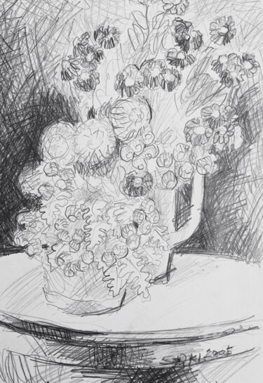 Tekening getiteld "Les fleurs sur tabl…" door Slobodan Spasojevic (Spaki), Origineel Kunstwerk, Grafiet