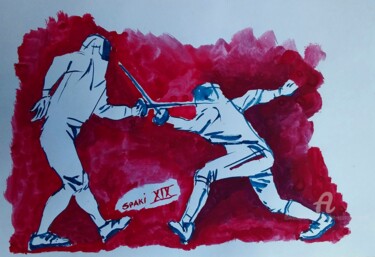 Peinture intitulée "Escrime sportive. n…" par Slobodan Spasojevic (Spaki), Œuvre d'art originale, Aquarelle
