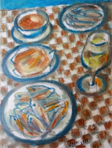 Картина под названием "Dejeuner au restaur…" - Slobodan Spasojevic (Spaki), Подлинное произведение искусства, Пастель