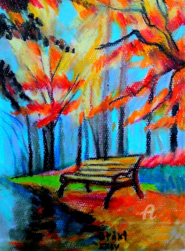 Painting titled "Un banc dans le par…" by Slobodan Spasojevic (Spaki), Original Artwork, Pastel