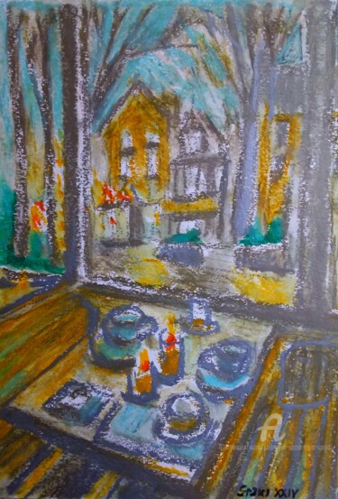 Painting titled "Vue depuis le cafe" by Slobodan Spasojevic (Spaki), Original Artwork, Pastel