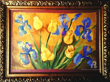 Peinture intitulée "Les iris et tulipes" par Slobodan Spasojevic (Spaki), Œuvre d'art originale, Huile
