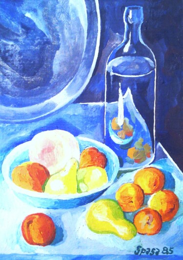 Malerei mit dem Titel "Bleu nature morte" von Slobodan Spasojevic (Spaki), Original-Kunstwerk, Öl