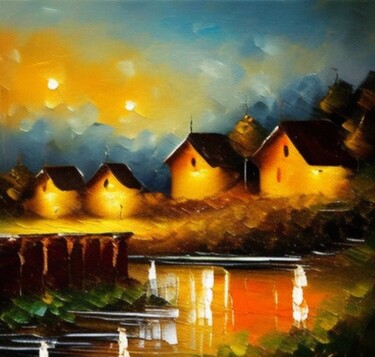 Digitale Kunst mit dem Titel "Lake houses" von Slobodanka Ivancevic, Original-Kunstwerk, KI-generiertes Bild