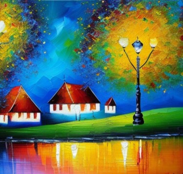 Digitale Kunst mit dem Titel "Evening houses" von Slobodanka Ivancevic, Original-Kunstwerk, KI-generiertes Bild