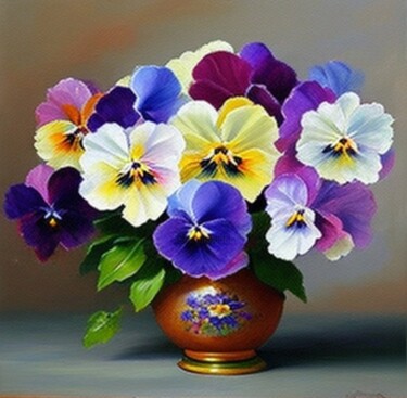 Digitale Kunst mit dem Titel "Golden vase flowers" von Slobodanka Ivancevic, Original-Kunstwerk, KI-generiertes Bild
