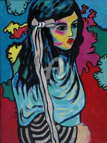 Pintura intitulada "girl with flowers" por Slonykarmel, Obras de arte originais, Óleo