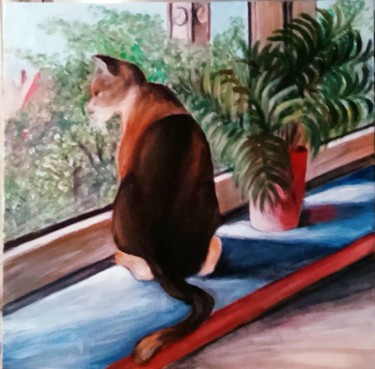 Painting titled ""Chat sur le rebord…" by Aleksandra Mizula, Original Artwork, Acrylic