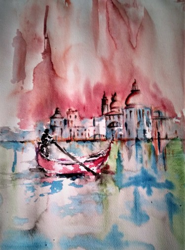 Painting titled "Venice in red" by Benny Smet, Original Artwork, Watercolor
