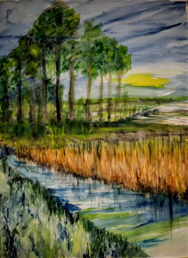 Painting titled "Just another evenin…" by Benny Smet, Original Artwork, Watercolor