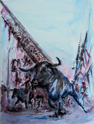 Painting titled "Running of the bull…" by Benny Smet, Original Artwork, Watercolor