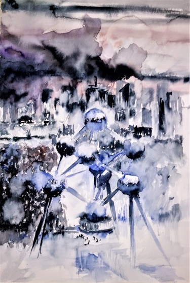 Schilderij getiteld "Winter in Brussels.…" door Benny Smet, Origineel Kunstwerk, Aquarel