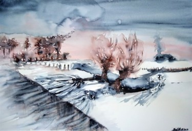 Schilderij getiteld "In the flat fields.…" door Benny Smet, Origineel Kunstwerk, Aquarel