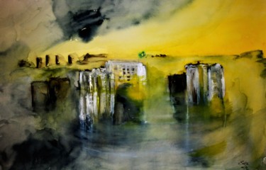 Schilderij getiteld "Sunrise over Brusse…" door Benny Smet, Origineel Kunstwerk, Aquarel