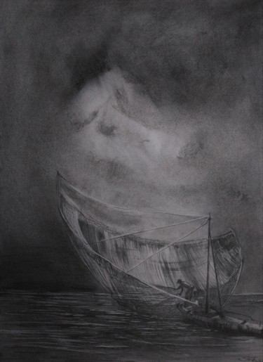 Dibujo titulada "Fishing boat" por Benny Smet, Obra de arte original, Grafito