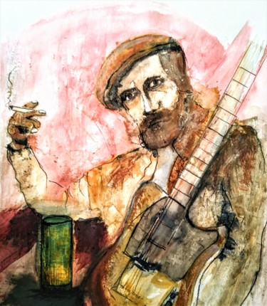 Painting titled "Roy and his beer...…" by Benny Smet, Original Artwork, Watercolor