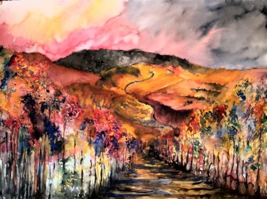 Painting titled "Love the vineyards" by Benny Smet, Original Artwork, Watercolor