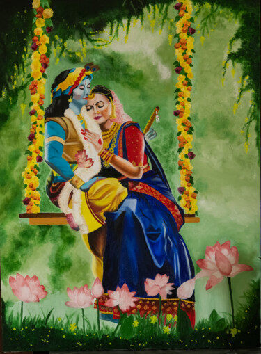 Pittura intitolato "Radha Krishna" da Smiitaa Chatterjee, Opera d'arte originale, Olio