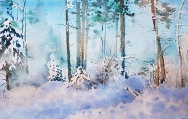 Painting titled "Snow in forest" by Irina Smirnova, Original Artwork, Watercolor