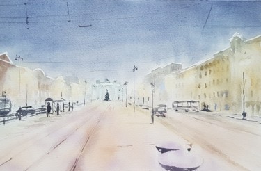 Malerei mit dem Titel "Snowy twilight" von Irina Smirnova, Original-Kunstwerk, Aquarell