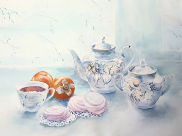 Painting titled "Stilllife with pers…" by Irina Smirnova, Original Artwork, Watercolor